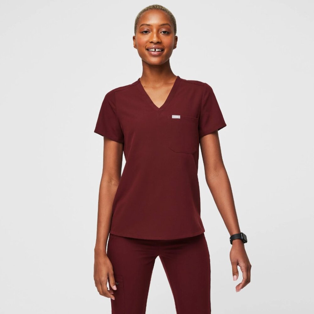 FIGS Burgundy Catarina - One-Pocket Scrub Top, Size S